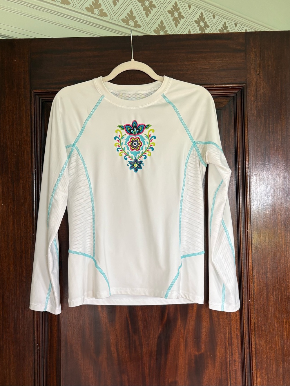 Athleta White Long Sleeve Top with Multicolor Floral Medallion